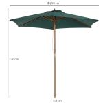 Chapéu de Sol Ø250x230cm Chapéu de Sol com Mastro de Madeira com 6 Hastes Sistema de Polia com Fixação para Jardim Pátio Terraço Verde