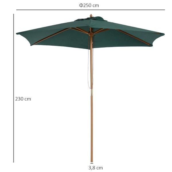 Chapéu de Sol Ø250x230cm Chapéu de Sol com Mastro de Madeira com 6 Hastes Sistema de Polia com Fixação para Jardim Pátio Terraço Verde