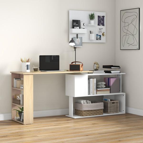 Mesa de Computador Secretária Mesa de Canto Giratória 360° com 5 Prateleiras 120x110x74,5 cm Madeira e Branco