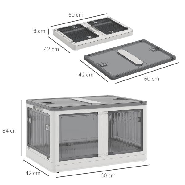 Caixa de Armazenamento Empilhável com Tampa 69L Caixa Organizadora Dobrável com Rodas 60x42x34 cm Branco