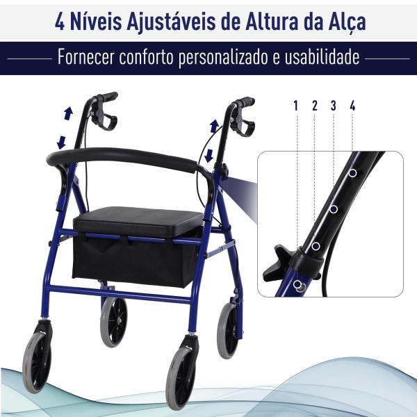 Andador para Adultos Dobrável com Armazenamento Assento e Travão 65x53x79 - 89cm Azul e Preto