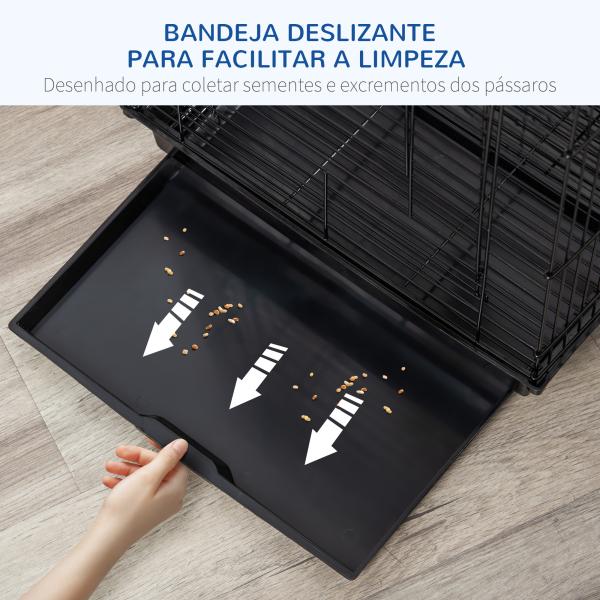 Gaiola para Pássaros com Teto Abatível 2 Poleiros 2 Comedouros e Bandeja Amovível para Canários Periquitos 40x40x59 cm Preto