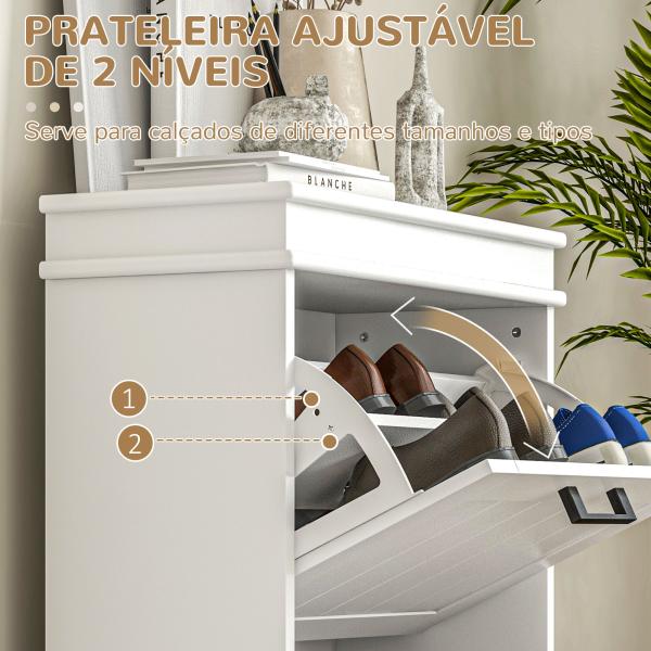 Sapateira Estreita com 2 Gavetas Basculantes Moderno com Prateleiras Ajustáveis para 10 Pares Branco