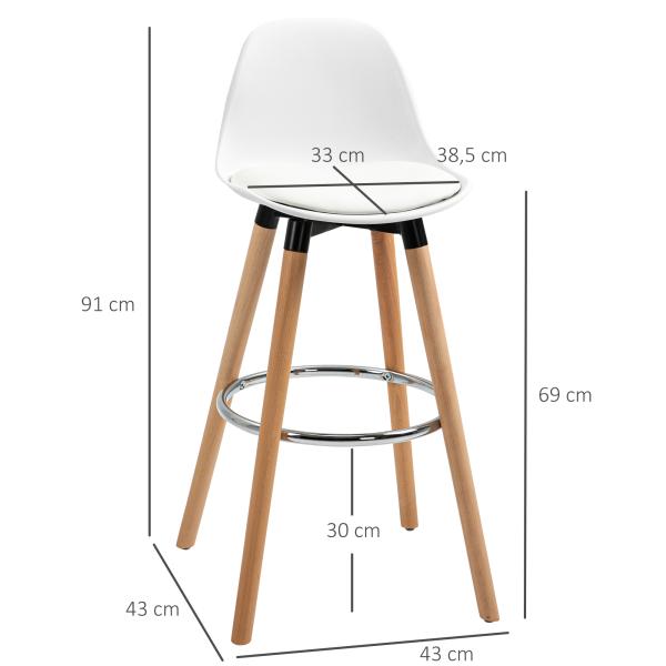 Conjunto de 2 Bancos de Bar Estofados em PU Bancos Altos de Cozinha com Assento de 69 cm 43x43x91 cm Branco