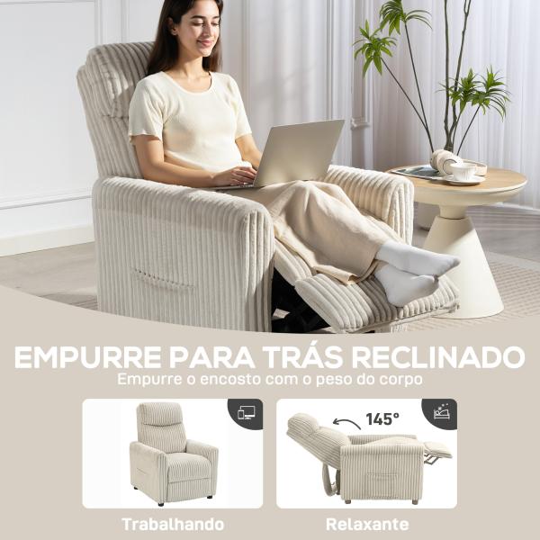 Poltrona Relax Reclinável Manual Estofada em Veludo com Apoio para Pés 73x86x100 cm Creme