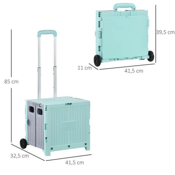 Carrinho de Armazenamento Dobrável Carrinho de Compras com 2 Rodas Capacidade 32L para Casa 41,5x32,5x85 cm Verde
