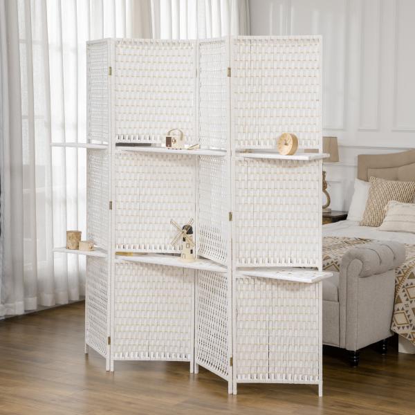 Biombo de 4 Painéis Dobrável Separador de Ambientes Divisor de Ambientes com Prateleiras 181x180cm Branco