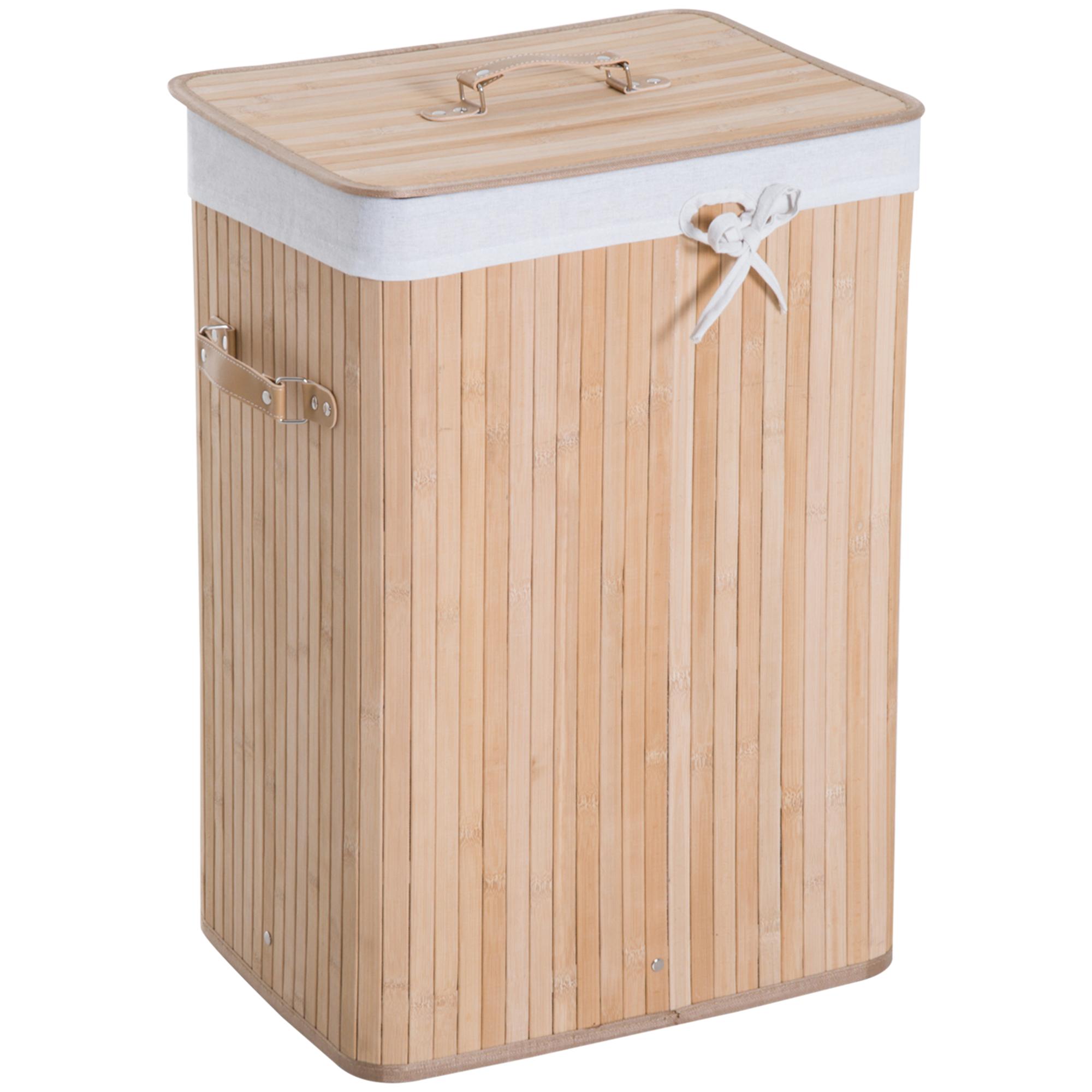 Cesto de Roupa de Bambu Dobrável Cesto para Roupa Suja com Tampa e Bolsa Amovível 40x30x60 cm Bambu