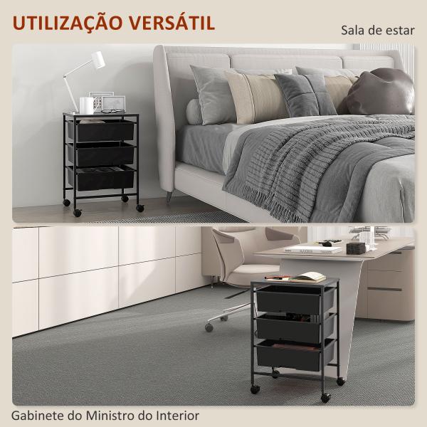 Carrinho Auxiliar com Rodas Carrinho de Cozinha de 3 Níveis com 3 Cestos e Estrutura de Aço 40,8x33,5x60,5 cm Preto