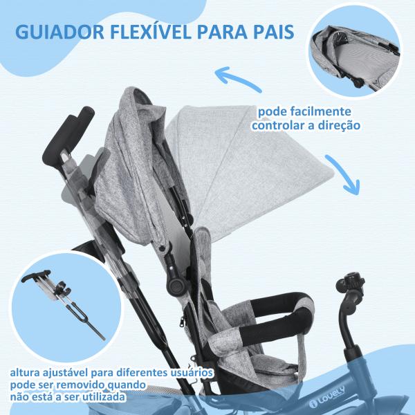 Triciclo para Bebés 2 em 1 de +12 Meses com Capota Dobrável Guiador Telescópico e Removível Bolsa e Porta - garrafas Cinza