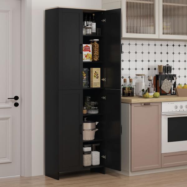 Armário de Cozinha com 4 Portas e Prateleiras Ajustáveis Anti - Tombo 60x30x170,5 cm Preto