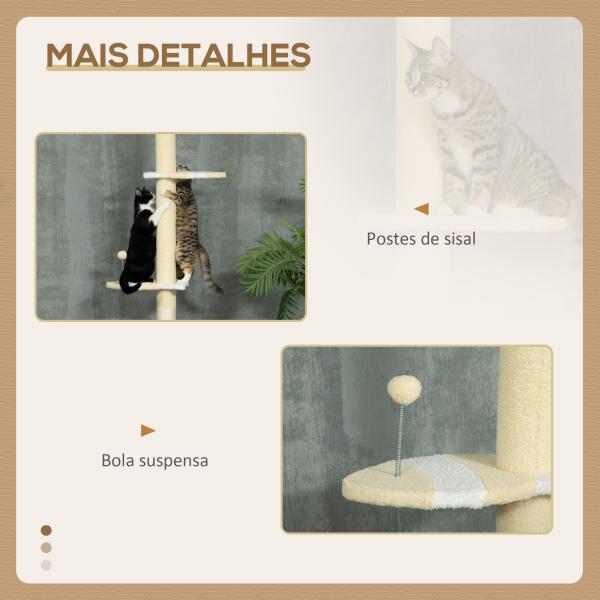 Árvore para Gatos do Chão ao Teto com Altura Ajustável 3 Plataformas Poste de Sisal e Bola para Brincar 47x34x220 - 260cm Creme