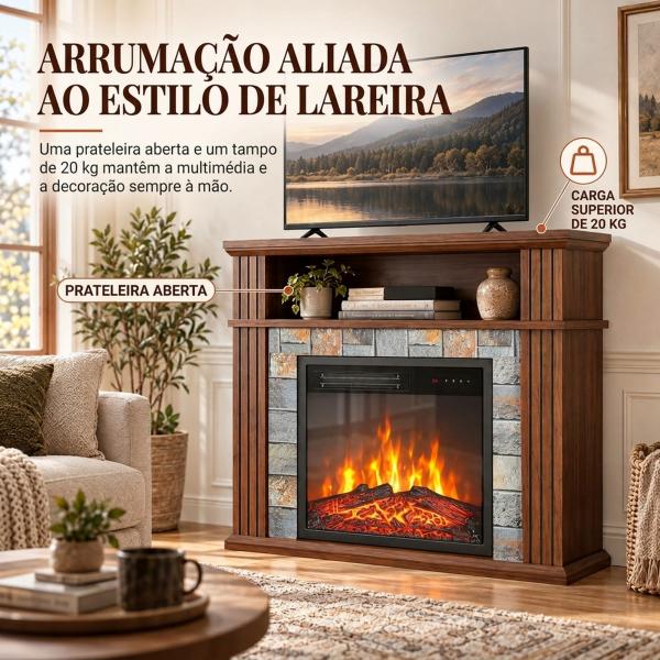 Lareira Elétrica Decorativa 1800W com Prateleira, Efeito Chama, 5 Níveis de Brilho, Termóstato, Temporizador e Comando, Castanha