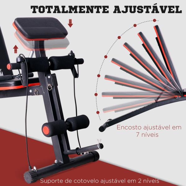 Banco de Musculação com Encosto Ajustável em 7 Posições Extensão de Pernas Apoio para Bíceps e Banda de Resistência para Treino Completo em Casa 54x160x106cm Preto e Vermelho