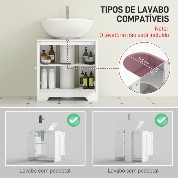 Móvel para Lavatório Pousar com 2 Portas em Arco Puxadores Dourados para Lavatório com ou sem Pedestal 60x30x65 cm Branco