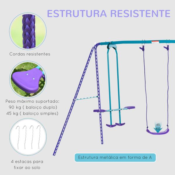 Conjunto de Baloiços de Jardim com Altura Ajustável Baloiços para Crianças com Baloiço Duplo 280x140x178 cm Azul e Roxo