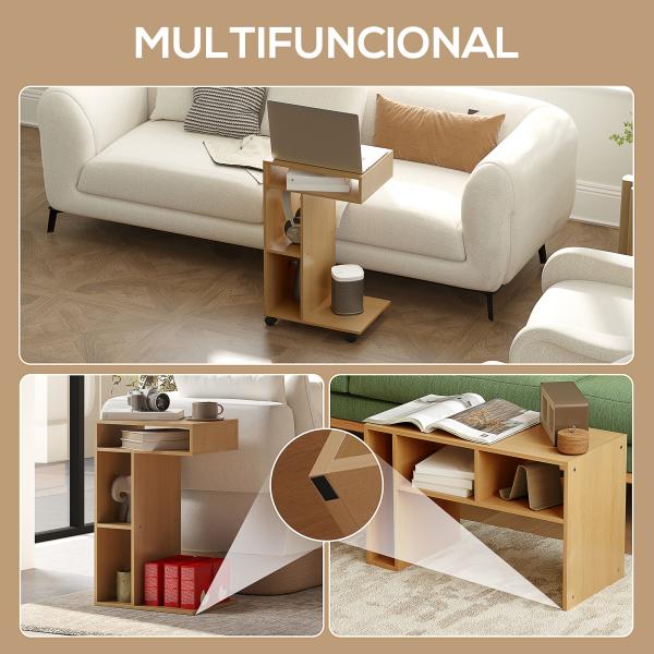 Mesa Auxiliar em Forma de C Mesa Auxiliar para Sofá com Rodas Compartimentos Abertos 40x30x69 cm Madeira