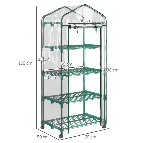 Estufa Pequena Estufa de Exterior com Rodas Prateleiras de 4 Níveis Estufa para Cultivar Plantas Flores 69x50x165 cm Transparente