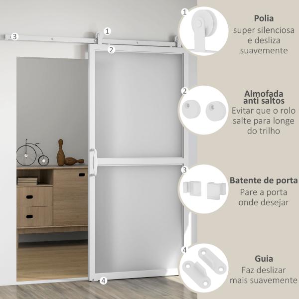 Ferragem para Porta de Correr Kit de Acessórios para Porta Corredeira com 2 Trilhos de Aço de Carbono 200x40x0,6 cm Branco