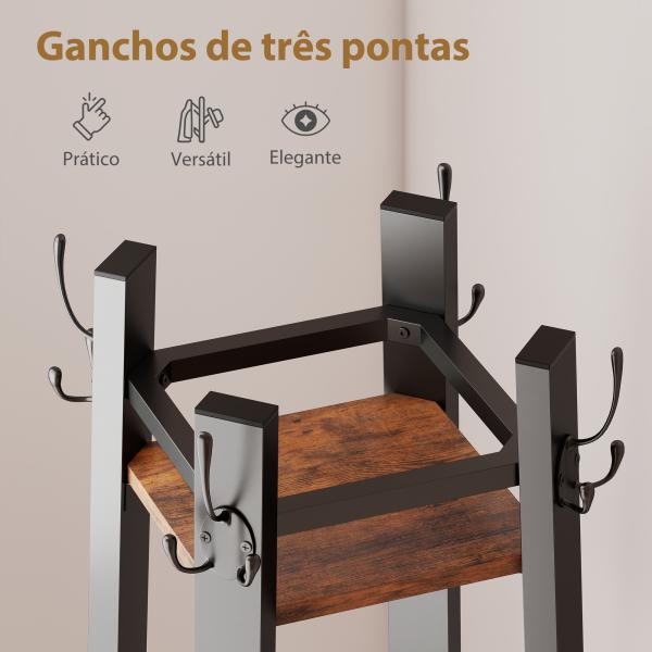 Cabideiro de Pé com 4 Níveis 4 Prateleiras 8 Ganchos com Estrutura Metálica para Pendurar Roupas e Chapéus Marrom Rústico