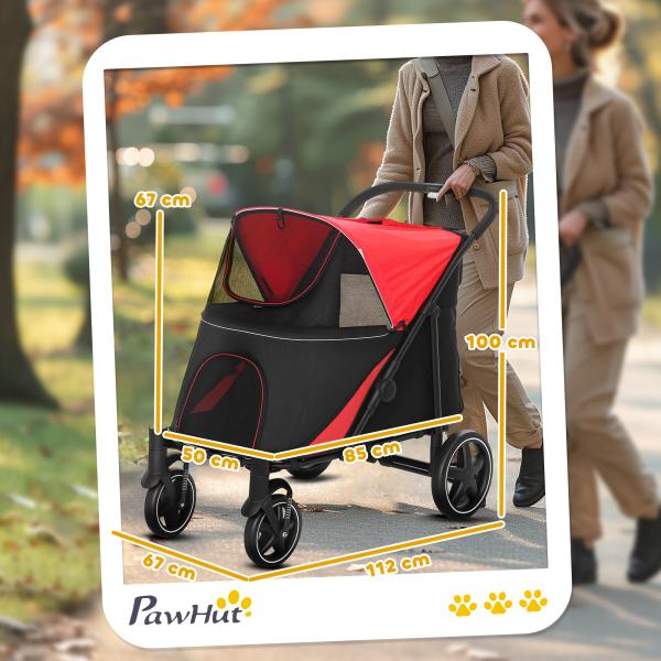 Carrinho para Cães Dobrável com Janelas de Malha Cinto de Segurança e Bolsos de Armazenamento 112x65x100 cm Vermelho