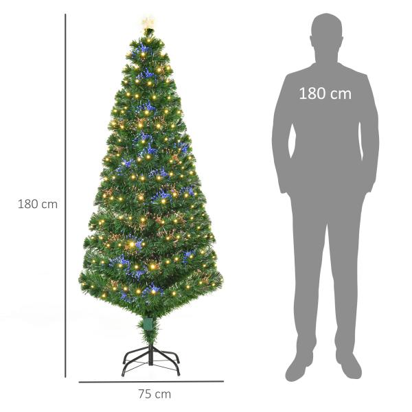 Árvore de Natal 180 cm Árvore de Natal Artificial com Luzes LED Fibra Óptica 230 Ramos de PVC e Suporte Metálico Ø82x180 cm Verde