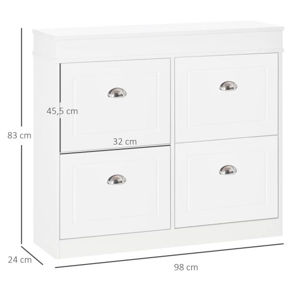 Móvel Sapateira de 4 Portas Estreita com Prateleiras Ajustáveis e Removíveis Capacidade de 16 Pares para Corredor Entrada 98x24x83cm Branco