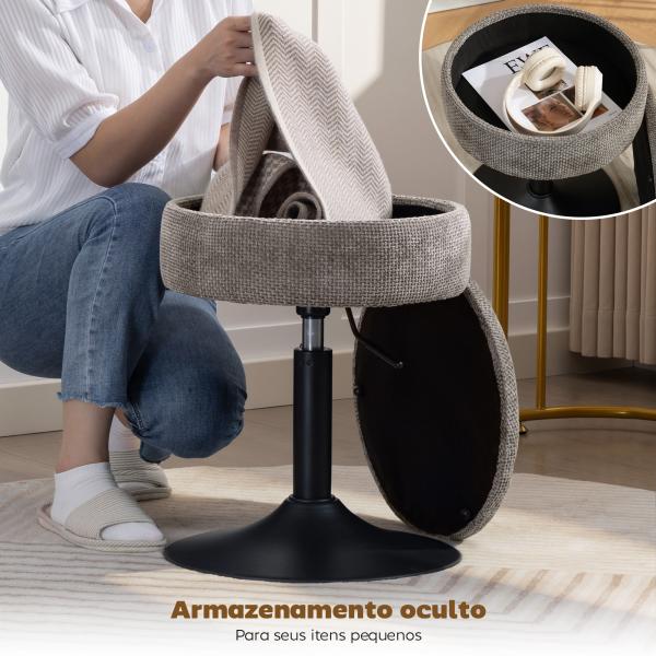 Banco de Bar com Armazenamento Altura Ajustável Giratório Estofado em Chenilla 39x39x49 - 65 cm Cinzento