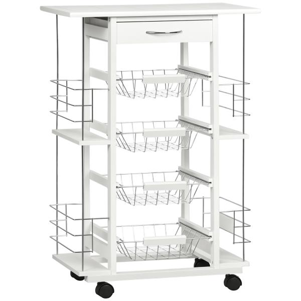 Carrinho de Cozinha com Rodas Gaveta 4 Cestas de Metal e 4 Suportes para Temperos Laterais 57x37x83cm Branco