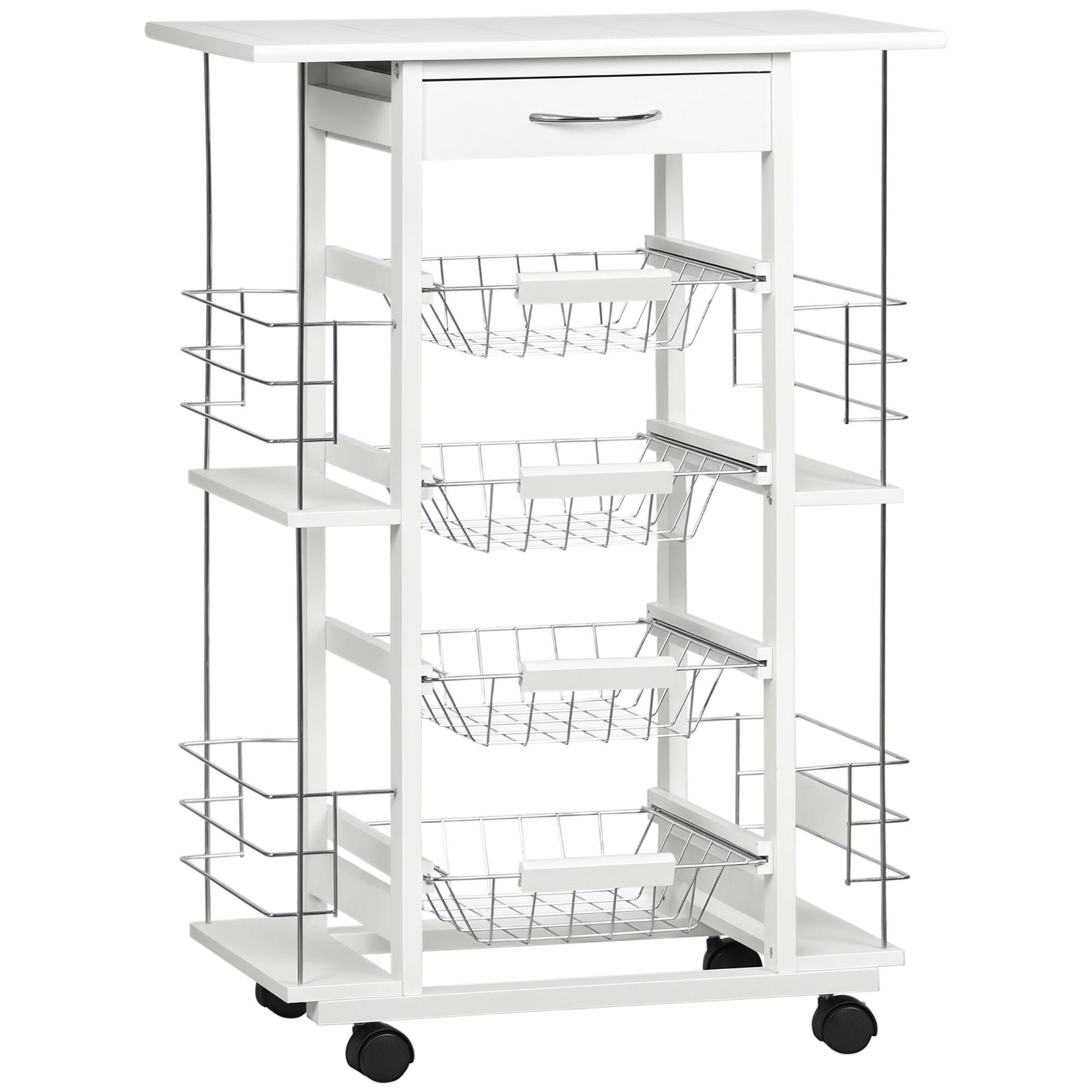 Carrinho de Cozinha com Rodas Gaveta 4 Cestas de Metal e 4 Suportes para Temperos Laterais 57x37x83cm Branco