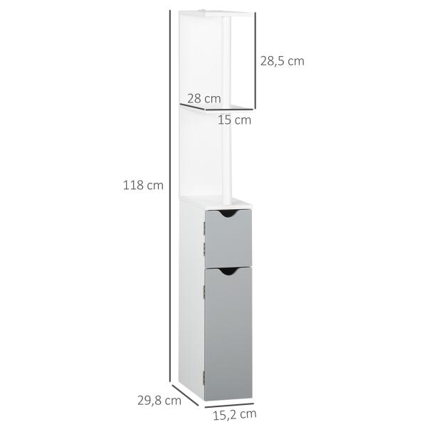 Coluna Casa de Banho com 2 Portas e 2 Prateleiras Abertas Estilo Moderno 15,2x29,8x118cm Branco e Cinza