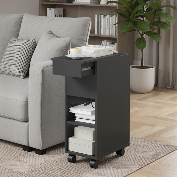 Mesa Auxiliar com Bancada Deslizante e Rodas Mesa Auxiliar com Armazenamento Oculto e Prateleira Ajustável 45x25x70 cm Preto