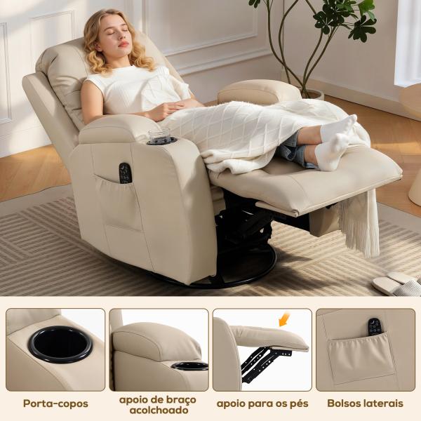 Poltrona de Massagem Reclinável até 145° com 8 Pontos de Massagem por Vibração Função de Aquecimento 82x99x103 cm Creme