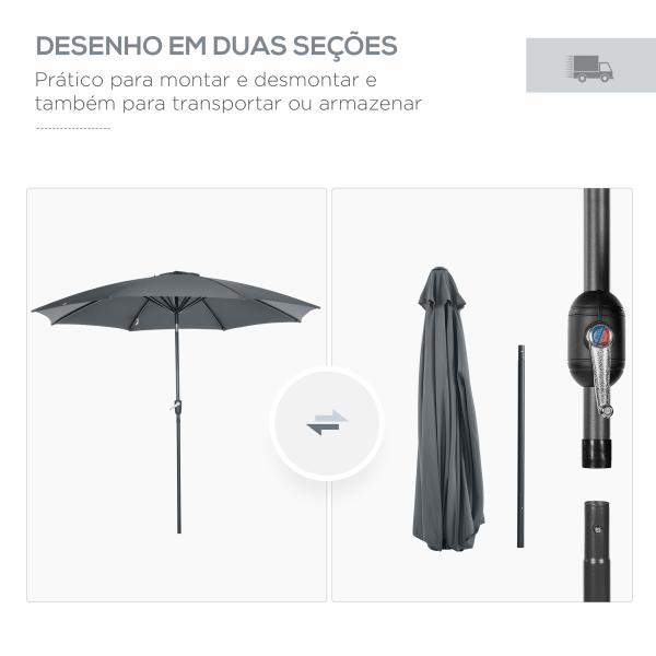 Chapéu de Sol a Manivela com Teto Inclinável e 8 Hastes de Metal para Pátio Varanda Exterior Ø300x240 cm Cinza