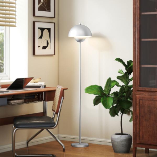 Candeeiro de Pé Moderno com Ecrã em Forma de Taça Refletora de Luz Interruptor de Pé Suporte E27 sem Lâmpada Ø35x155 cm Prata