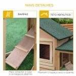 Coelheira de Exterior Grande Gaiola de Madeira para 2 - 4 Coelhos com Teto Asfáltico Recinto de Arame Bandeja Removível e Rampas 210x45,5x84,5 cm Natural
