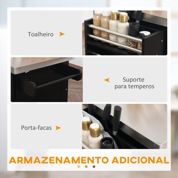 Ilha de Cozinha com Rodas Bancada de Aço Inoxidável 2 Gavetas 4 Portas e 2 Prateleiras Ajustáveis 145x45x93 cm Preto