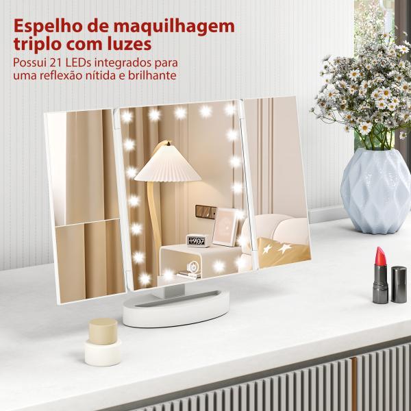 Espelho de Maquilhagem com Luz com Aumento 1x/2x/3x Rotação Livre de 180° 21 Luzes LED 28x12x18 cm Branco