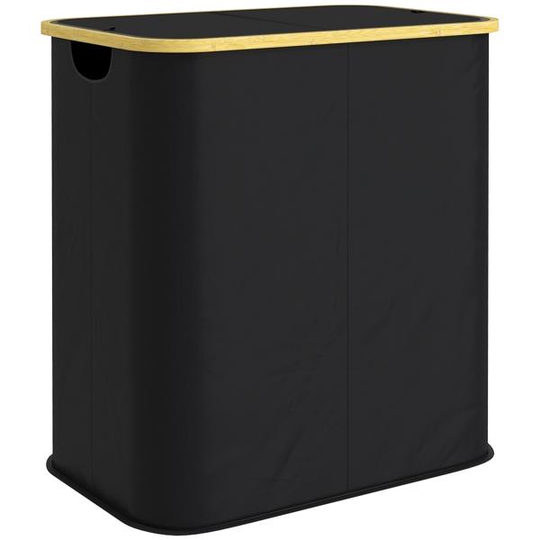 Cesto para Roupa Suja Dobrável com Tampa 80 L em Tecido não Tecido, 2 Compartimentos, Preto
