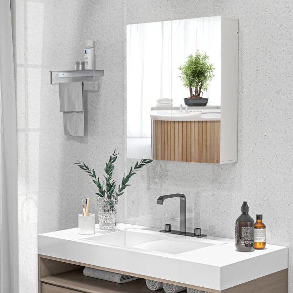 Armário de Casa de Banho com Espelho de Parede com 2 Portas e Prateleira Ajustável Fecho Suave 60x15x70 cm Branco