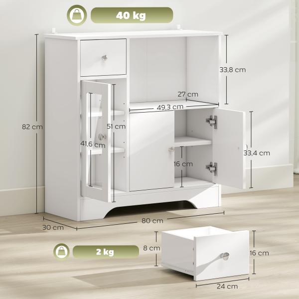 Aparador Moderno com Porta de Vidro Gaveta Prateleira Aberta e Prateleiras Ajustáveis Móvel Auxiliar 80x30x82cm Branco