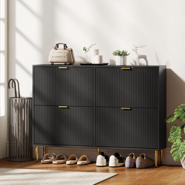 Sapateira Estreita com 4 Portas Caneladas e Estantes Ajustáveis para 20 Pares 105x24x91,5 cm Preto