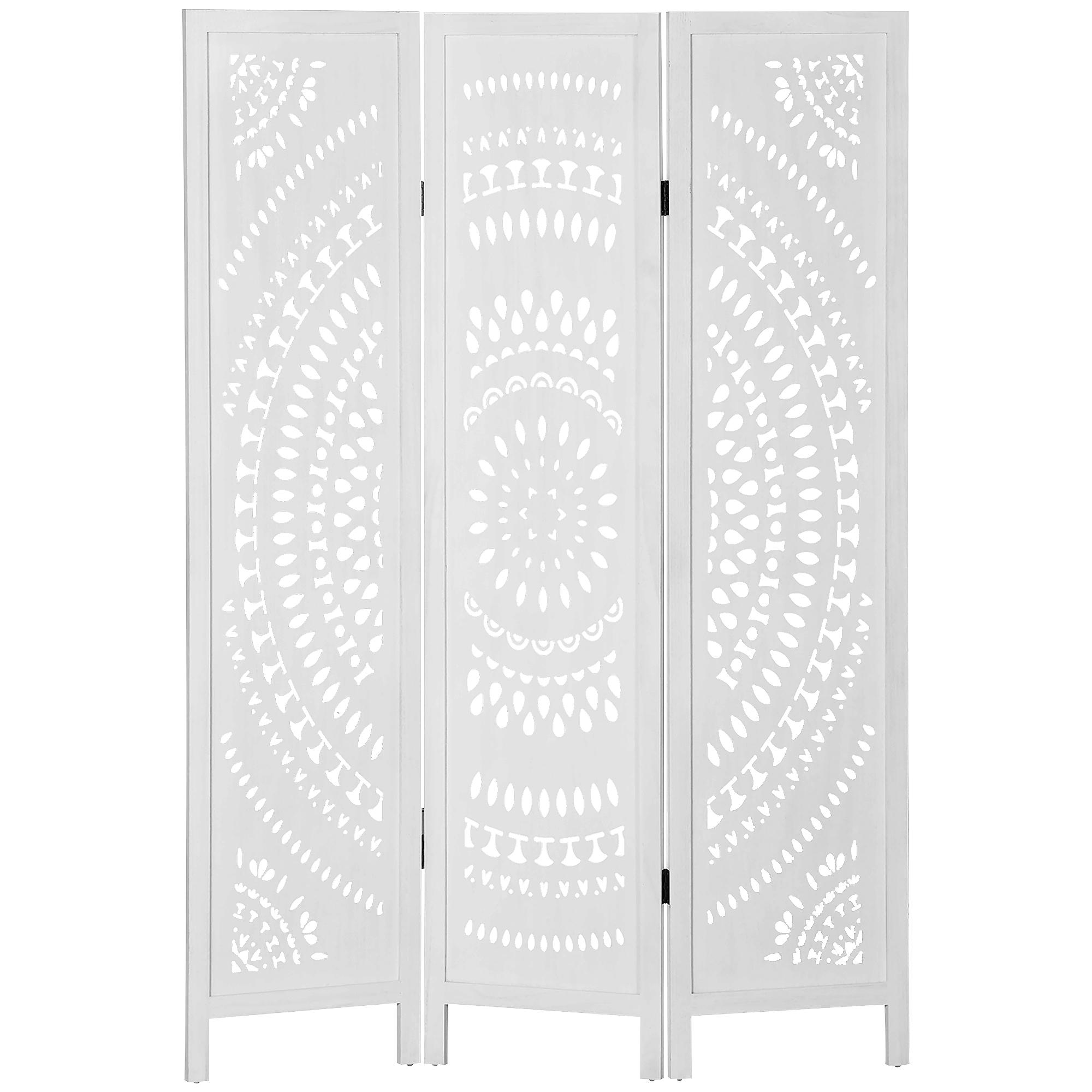 Biombo Dobrável de 3 Painéis de Madeira 120x170 cm Biombo Separador de Ambientes com Padrões Gravados Elegantes Branco