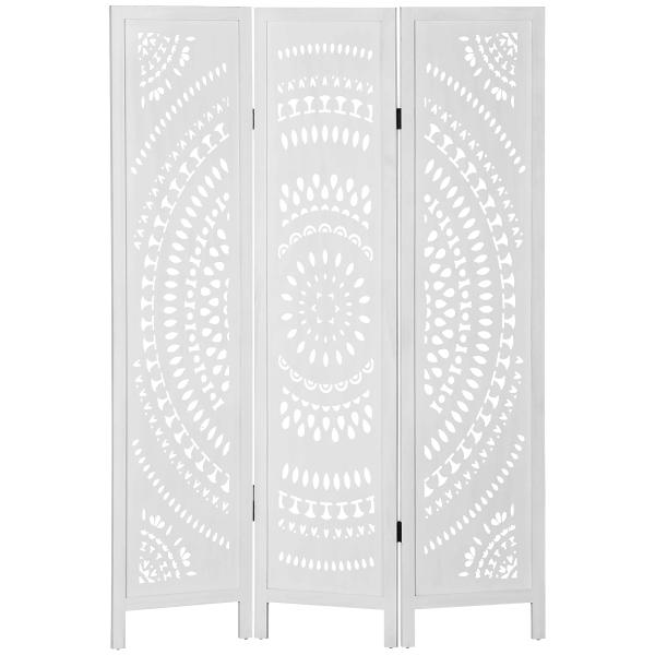 Biombo Dobrável de 3 Painéis de Madeira 120x170 cm Biombo Separador de Ambientes com Padrões Gravados Elegantes Branco