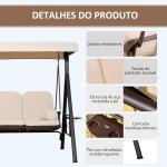 Banco Baloiço de Jardim de 3 Lugares com Teto 2 Almofadas Suporte para Bebidas e Estrutura de Metal para Terraço Balcão Exterior Carga Máxima 360kg 207x120,5x174cm Bege