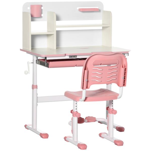 Conjunto de Secretária e Cadeira para Crianças com Altura Ajustável e Bancada Inclinável 80x52x88x109cm e 35,5x44,5x66 - 80cm Rosa