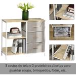 Cómoda de Estilo Industrial com Gavetas de Tecido Dobráveis e 2 Prateleiras 80x29x71 cm Madeira e Cinza Claro