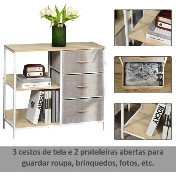 Cómoda de Estilo Industrial com Gavetas de Tecido Dobráveis e 2 Prateleiras 80x29x71 cm Madeira e Cinza Claro