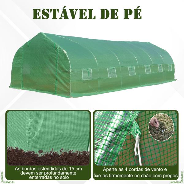 Estufa Tipo Túnel 800x300x200cm com 12 Janelas e Porta Enrolável Cobertura de PE 140g/m² e Aço Teto Pontiagudo para Cultivo de Plantas Verduras Verde