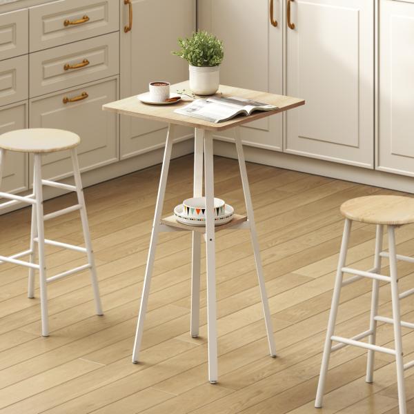 Mesa Alta de Cozinha Quadrada com Prateleira Mesa Alta de Bar para 2 Pessoas Pernas de Metal 55x55x95 cm Madeira e Branco